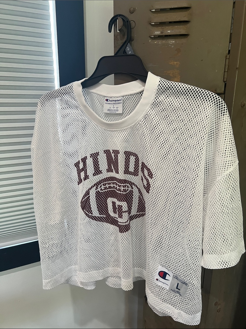 Champion White Mesh Tee with Maroon Hinds Football Graphic